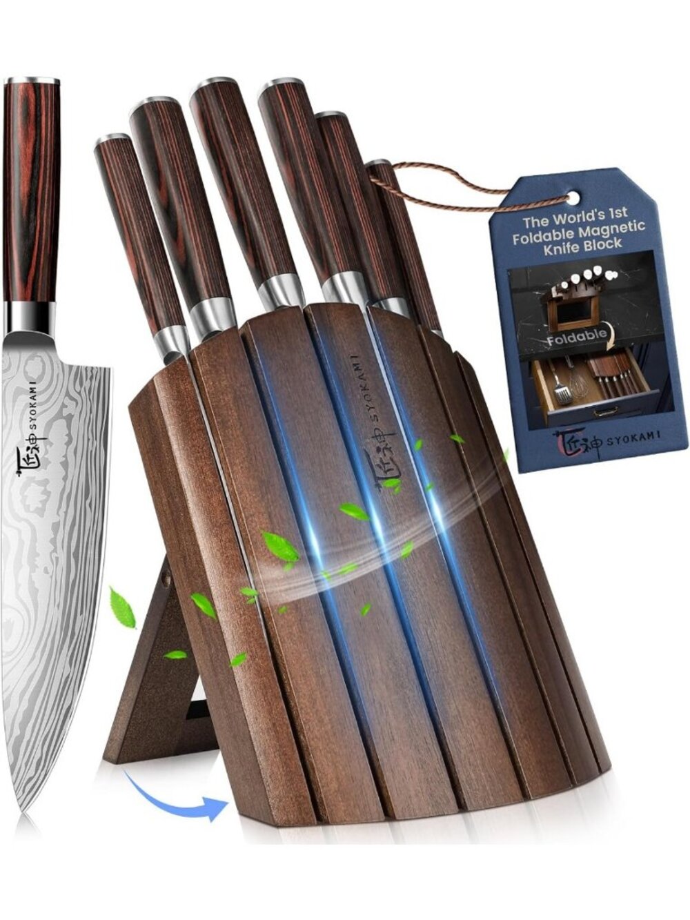 2026 Kitchen Knife Set with Foldable Magnetic Acacia Wood Block - Premium